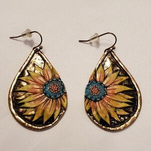 Boho Sunflower Teardrop Gold-tone Dangle Earrings Hand Painted Look Yellow Blue